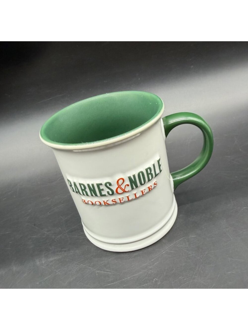 Barnes & Noble Booksellers Mug Green Inside White Embossed Logo Coffee Cup